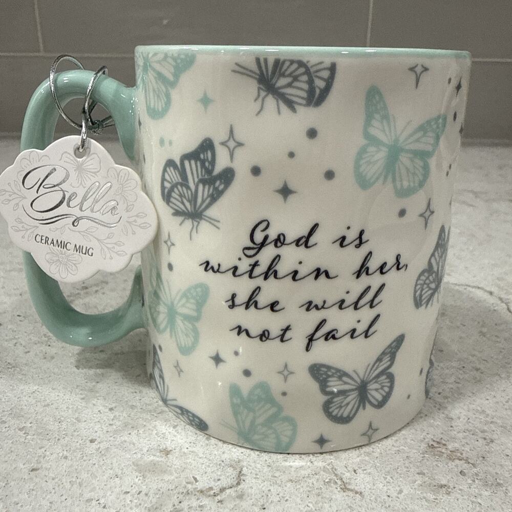 GOD IS WITHIN HER Bible Verse 16oz Bella Mug BUTTERFLY 10 Strawberry Street NEW